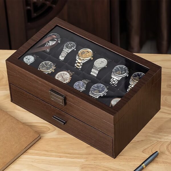 Cutie organizatoare Pufo Luxury pentru 24 ceasuri, cu 2 niveluri, sertar, capac transparent si interior negru, caseta eleganta pentru depozitarea si expunerea ceasurilor, maro