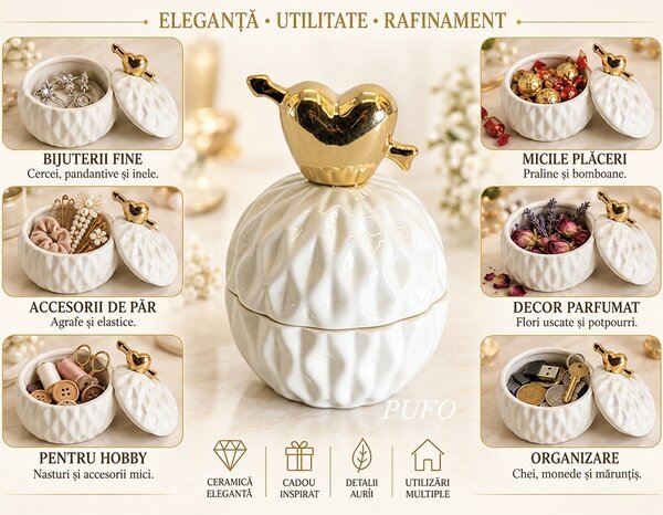 Bomboniera decorativa Pufo Love din ceramica cu capac, cutie pentru bijuterii, bomboane si accesorii, design elegant, 10.5 cm