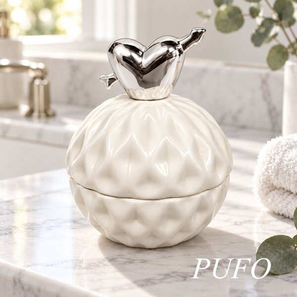 Bomboniera decorativa Pufo Love din ceramica cu capac, cutie pentru bijuterii, bomboane si accesorii, design elegant, 10.5 cm
