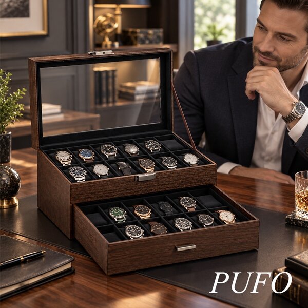 Cutie organizatoare Pufo Luxury pentru 24 ceasuri, cu 2 niveluri, sertar, capac transparent si interior negru, caseta eleganta pentru depozitarea si expunerea ceasurilor, maro