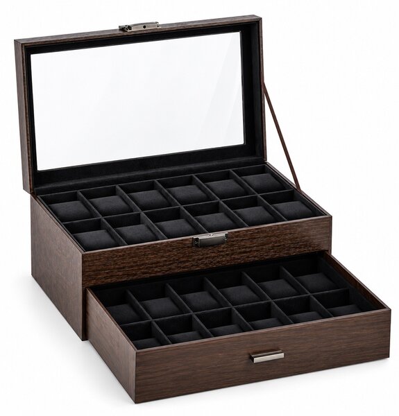 Cutie organizatoare Pufo Luxury pentru 24 ceasuri, cu 2 niveluri, sertar, capac transparent si interior negru, caseta eleganta pentru depozitarea si expunerea ceasurilor, maro