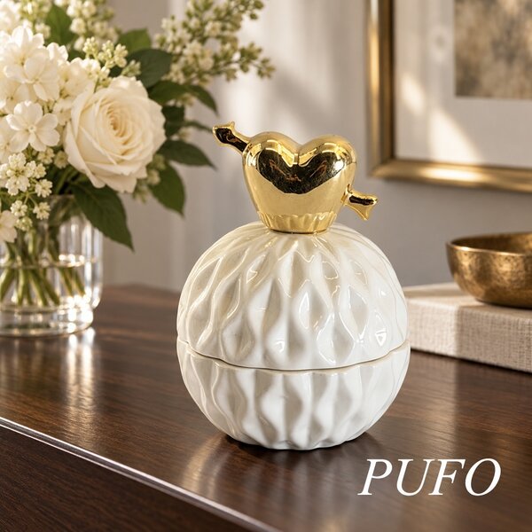 Bomboniera decorativa Pufo Love din ceramica cu capac, cutie pentru bijuterii, bomboane si accesorii, design elegant, 10.5 cm