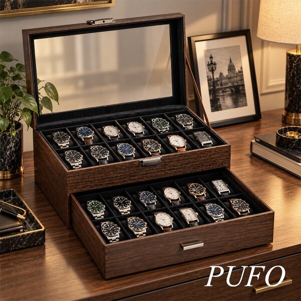 Cutie organizatoare Pufo Luxury pentru 24 ceasuri, cu 2 niveluri, sertar, capac transparent si interior negru, caseta eleganta pentru depozitarea si expunerea ceasurilor, maro