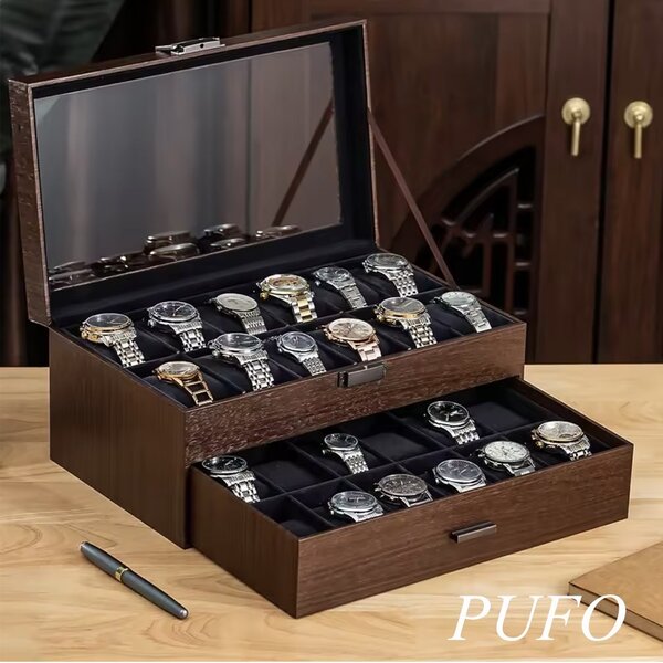 Cutie organizatoare Pufo Luxury pentru 24 ceasuri, cu 2 niveluri, sertar, capac transparent si interior negru, caseta eleganta pentru depozitarea si expunerea ceasurilor, maro