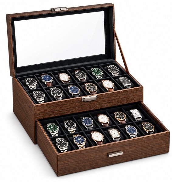 Cutie organizatoare Pufo Luxury pentru 24 ceasuri, cu 2 niveluri, sertar, capac transparent si interior negru, caseta eleganta pentru depozitarea si expunerea ceasurilor, maro