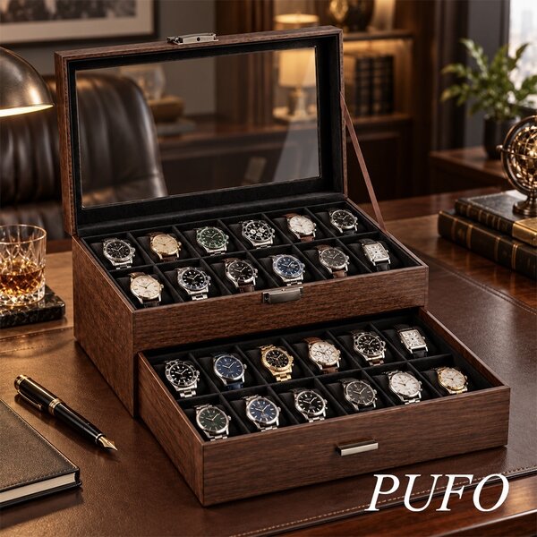 Cutie organizatoare Pufo Luxury pentru 24 ceasuri, cu 2 niveluri, sertar, capac transparent si interior negru, caseta eleganta pentru depozitarea si expunerea ceasurilor, maro