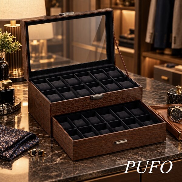 Cutie organizatoare Pufo Luxury pentru 24 ceasuri, cu 2 niveluri, sertar, capac transparent si interior negru, caseta eleganta pentru depozitarea si expunerea ceasurilor, maro