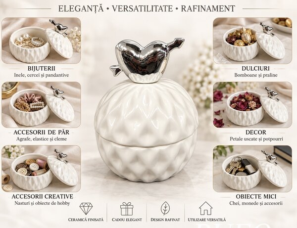 Bomboniera decorativa Pufo Love din ceramica cu capac, cutie pentru bijuterii, bomboane si accesorii, design elegant, 10.5 cm