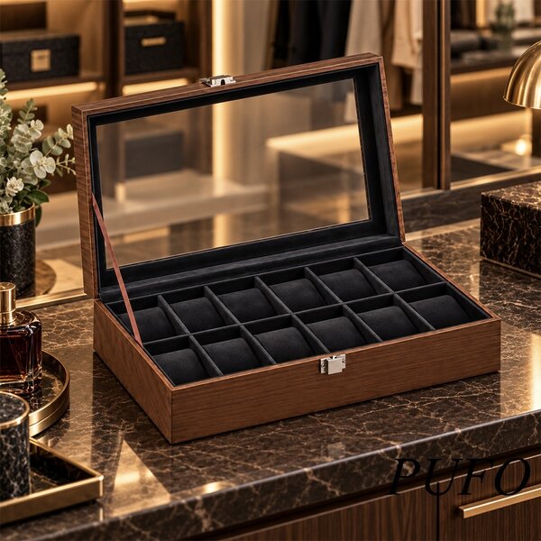 Cutie organizatoare pentru 12 ceasuri, caseta eleganta cu capac, 12 compartimente cu pernute, interior negru, inchidere metalica, pentru depozitare si expunere ceasuri, maro