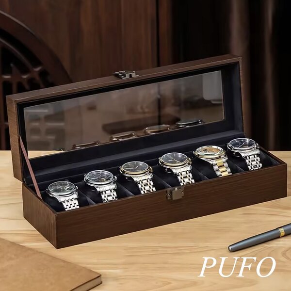 Cutie organizatoare Pufo Luxury pentru 6 ceasuri, caseta eleganta cu capac transparent, 6 compartimente individuale cu pernute, interior negru, pentru depozitare si expunere ceasuri, maro