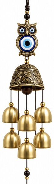 Clopotel de vant Feng Shui cu bufnite decorative, ornament suspendat din metal, pentru noroc, intelepciune si energie pozitiva, decoratiune pentru casa, terasa, balcon sau gradina