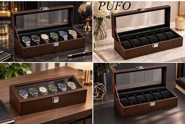 Cutie organizatoare Pufo Luxury pentru 6 ceasuri, caseta eleganta cu capac transparent, 6 compartimente individuale cu pernute, interior negru, pentru depozitare si expunere ceasuri, maro