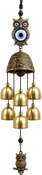 Clopotel de vant Feng Shui cu bufnite decorative, ornament suspendat din metal, pentru noroc, intelepciune si energie pozitiva, decoratiune pentru casa, terasa, balcon sau gradina