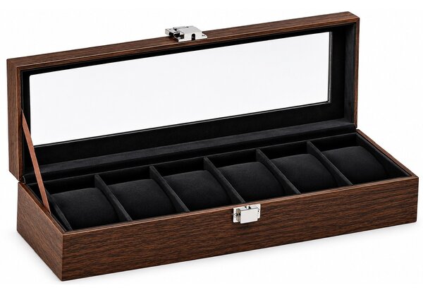 Cutie organizatoare Pufo Luxury pentru 6 ceasuri, caseta eleganta cu capac transparent, 6 compartimente individuale cu pernute, interior negru, pentru depozitare si expunere ceasuri, maro