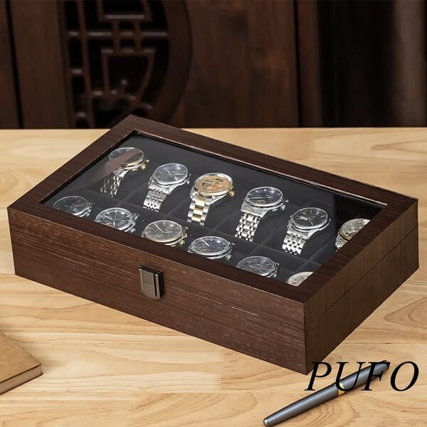 Cutie organizatoare pentru 12 ceasuri, caseta eleganta cu capac, 12 compartimente cu pernute, interior negru, inchidere metalica, pentru depozitare si expunere ceasuri, maro