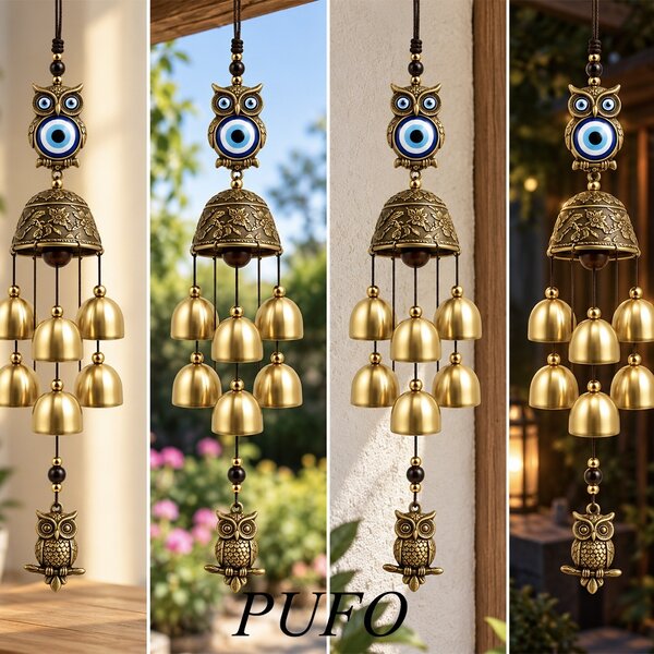 Clopotel de vant Feng Shui cu bufnite decorative, ornament suspendat din metal, pentru noroc, intelepciune si energie pozitiva, decoratiune pentru casa, terasa, balcon sau gradina