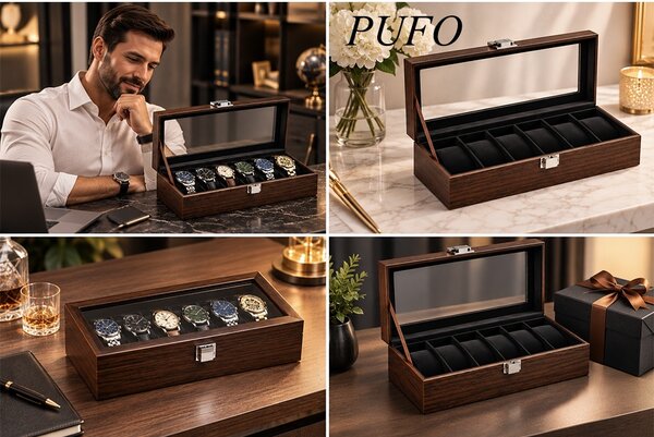 Cutie organizatoare Pufo Luxury pentru 6 ceasuri, caseta eleganta cu capac transparent, 6 compartimente individuale cu pernute, interior negru, pentru depozitare si expunere ceasuri, maro