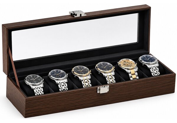 Cutie organizatoare Pufo Luxury pentru 6 ceasuri, caseta eleganta cu capac transparent, 6 compartimente individuale cu pernute, interior negru, pentru depozitare si expunere ceasuri, maro