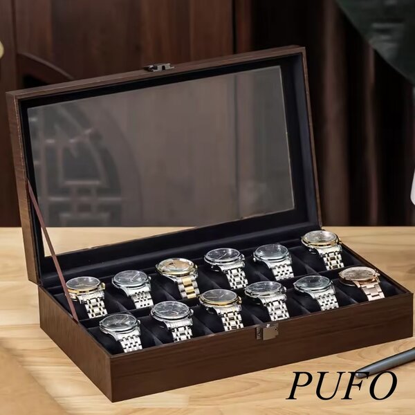 Cutie organizatoare pentru 12 ceasuri, caseta eleganta cu capac, 12 compartimente cu pernute, interior negru, inchidere metalica, pentru depozitare si expunere ceasuri, maro