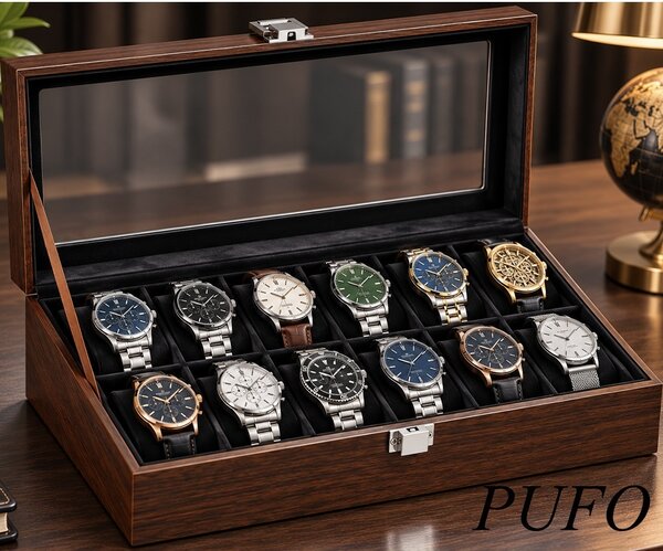 Cutie organizatoare pentru 12 ceasuri, caseta eleganta cu capac, 12 compartimente cu pernute, interior negru, inchidere metalica, pentru depozitare si expunere ceasuri, maro