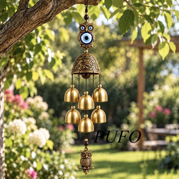 Clopotel de vant Feng Shui cu bufnite decorative, ornament suspendat din metal, pentru noroc, intelepciune si energie pozitiva, decoratiune pentru casa, terasa, balcon sau gradina