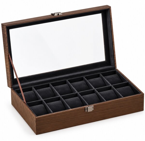 Cutie organizatoare pentru 12 ceasuri, caseta eleganta cu capac, 12 compartimente cu pernute, interior negru, inchidere metalica, pentru depozitare si expunere ceasuri, maro