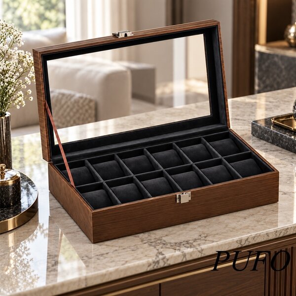 Cutie organizatoare pentru 12 ceasuri, caseta eleganta cu capac, 12 compartimente cu pernute, interior negru, inchidere metalica, pentru depozitare si expunere ceasuri, maro