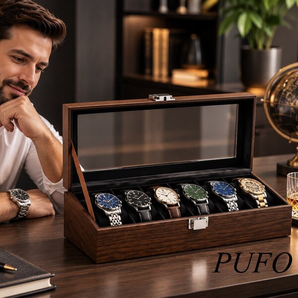 Cutie organizatoare Pufo Luxury pentru 6 ceasuri, caseta eleganta cu capac transparent, 6 compartimente individuale cu pernute, interior negru, pentru depozitare si expunere ceasuri, maro