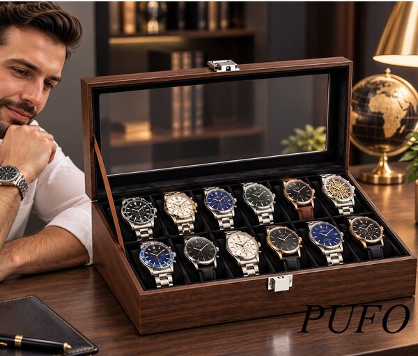 Cutie organizatoare pentru 12 ceasuri, caseta eleganta cu capac, 12 compartimente cu pernute, interior negru, inchidere metalica, pentru depozitare si expunere ceasuri, maro