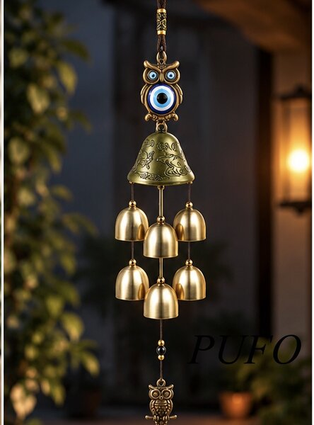 Clopotel de vant cu floare de campanula si 6 clopotei pentru casa sau gradina, model cu bufnite