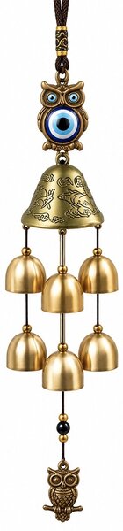 Clopotel de vant cu floare de campanula si 6 clopotei pentru casa sau gradina, model cu bufnite