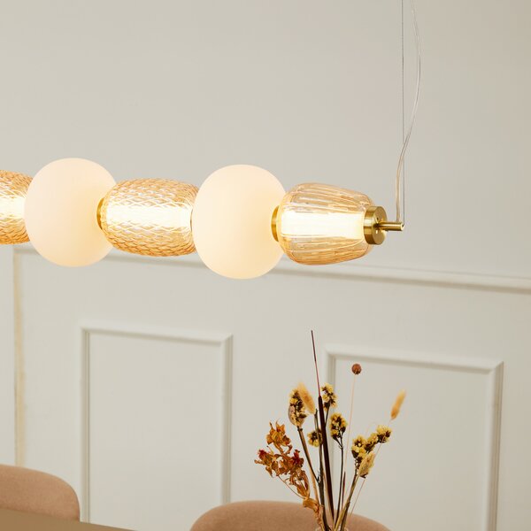 LOOM DESIGN Lampă suspendată LED Pearl 7, chihlimbar/auriu, sticlă, 110 cm, reglabil, Auriu / Alamă, Camera de zi / sufragerie, Sticlă, Modern