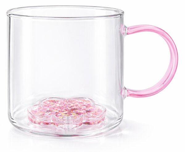 Cană cu model 3D floare roz, pereți dubli, sticlă borosilicată și inserție de sclipici, 300 ml, Aurora Glow