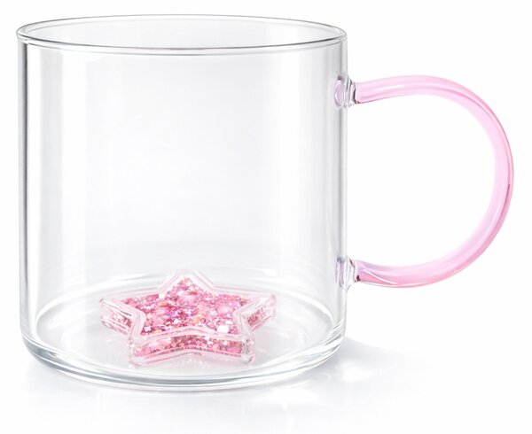 Cană cu model 3D steluță roz, pereți dubli, sticlă borosilicată și inserție de sclipici, 300 ml, Aurora Glow