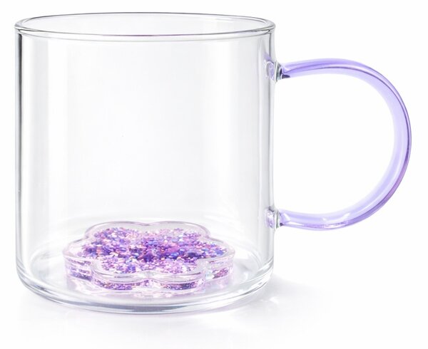 Cană cu model 3D floare mov, pereți dubli, sticlă borosilicată și inserție de sclipici, 300 ml, Aurora Glow