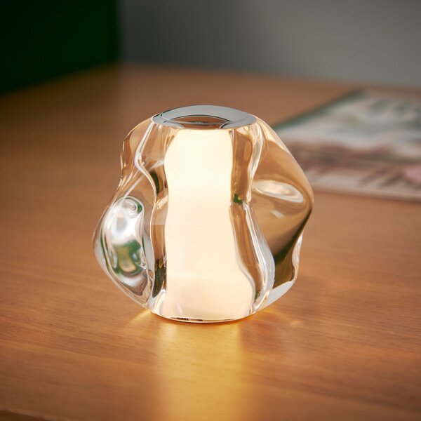 LOOM DESIGN Lampă de masă cu LED și baterie Ice Ball, crom, Ø 10,5 cm, reglabil, Transparent, Camera de zi / sufragerie, Metal, Modern, glob