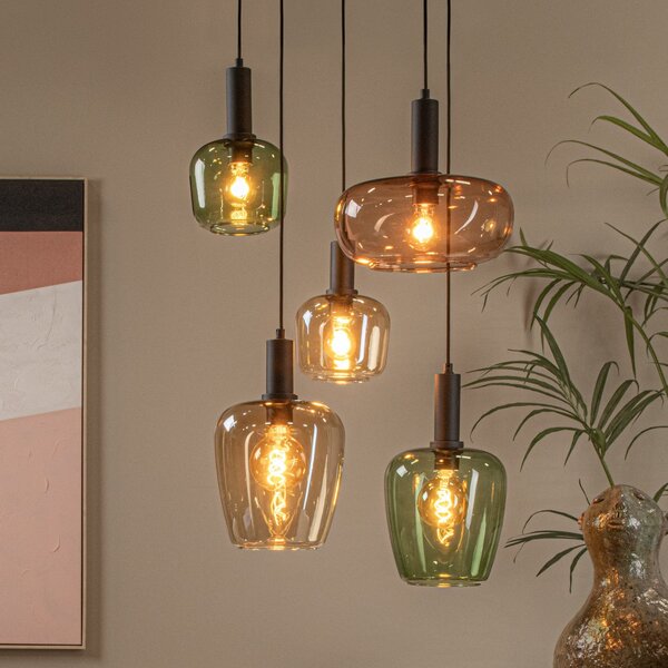 Lucide Lampă suspendată Ilona, sticlă, multicoloră, Ø 45 cm, 5 becuri, reglabil, Multicolor, Camera de zi / sufragerie, Sticlă