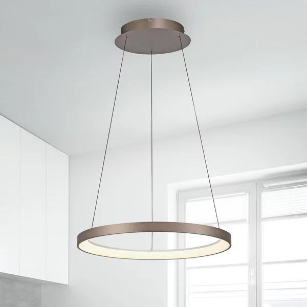 Paul Neuhaus Lampă suspendată LED Hoop, maro, Ø 57 cm, dimabil, reglabil, Maro / Rugină, Camera de zi / sufragerie, Aluminiu, Modern