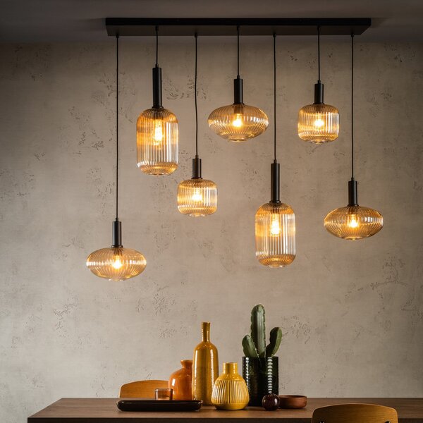 Lucide Lampă suspendată Maloto, sticlă, 7 lumini, chihlimbar, 150 cm, reglabil, Negru, Camera de zi / sufragerie, Sticlă