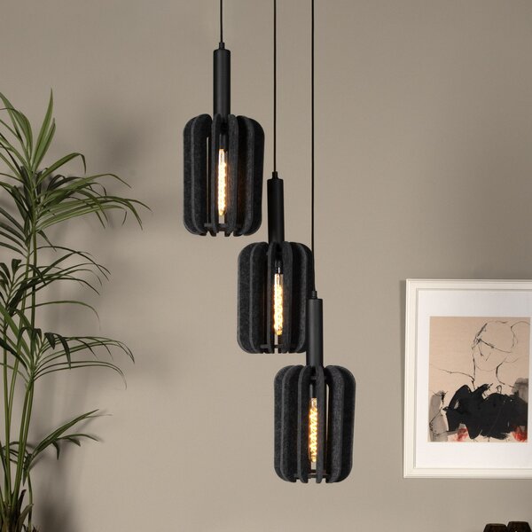 Lucide Lampă suspendată textilă Rafal, Ø 30 cm, gri, unghiulară, 3 becuri, reglabil, Gri, Camera de zi / sufragerie, Țesătură / Textil