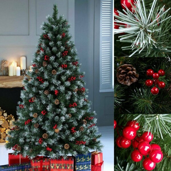 Brad de Craciun artificial, conuri de brad si fructe rosii, Cherry Tree 180 cm, aspect nins
