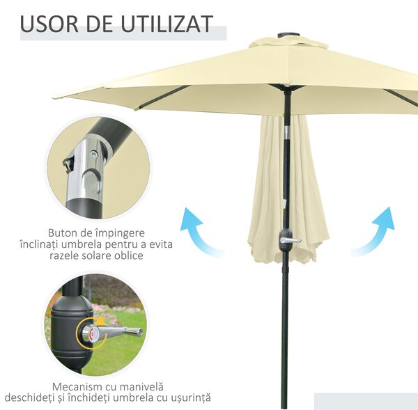 Outsunny Umbrelă de Grădină Inclinabilă Ø265 cm cu 32 Lumini LED Solare și Manivelă, Umbrelă de Exterior cu 8 Spițe, din Oțel, Poliester, pentru Terasă, Curte, Balcon, Bej | Aosom Romania
