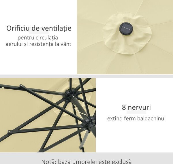 Outsunny Umbrelă de Grădină Inclinabilă Ø265 cm cu 32 Lumini LED Solare și Manivelă, Umbrelă de Exterior cu 8 Spițe, din Oțel, Poliester, pentru Terasă, Curte, Balcon, Bej | Aosom Romania