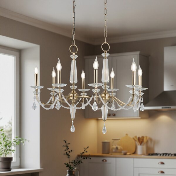 Lucea Candelabru Adone, liniar, 8 becuri, alamă, sticlă de cristal, reglabil, Transparent, Camera de zi / sufragerie, Cristal