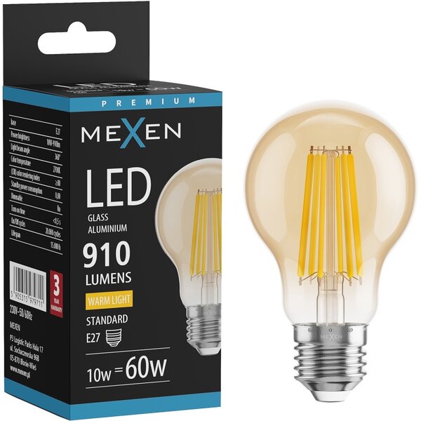 Mexen Vintis, Bec LED cu filament E27, A60, 10 W, alb cald 2700K, chihlimbar, L150-E27-1027-50