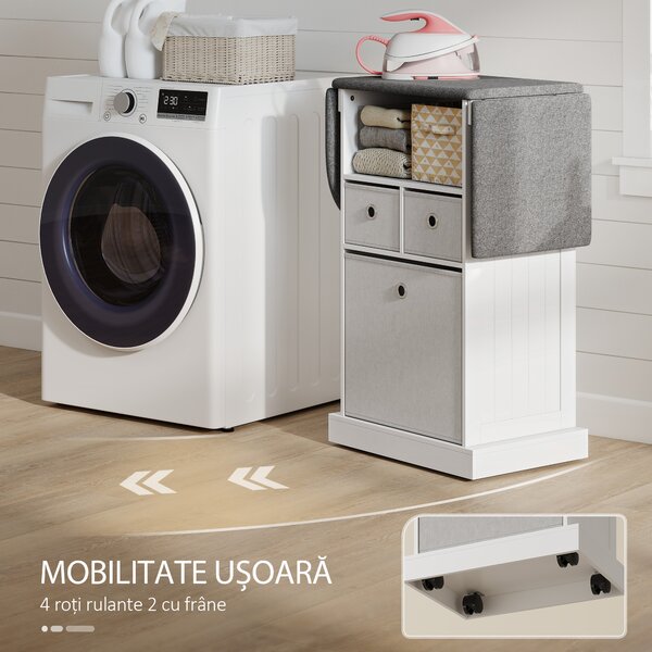HOMCOM Dulap cu Masă de Călcat Pliabil Economisitor de Spațiu, Dulap Multifuncțional cu 3 Sertare din Material Textil Aspect In, Roți Cu Frână, Raft Deschis, pentru Băi și Spații de Rufe, 121x37x89.5 cm, Alb | Aosom Romania