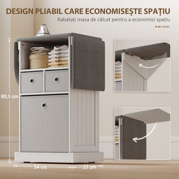 HOMCOM Dulap cu Masă de Călcat Pliabil Economisitor de Spațiu, Dulap Multifuncțional cu 3 Sertare din Material Textil Aspect In, Roți Cu Frână, Raft Deschis, pentru Băi și Spații de Rufe, 121x37x89.5 cm, Alb | Aosom Romania