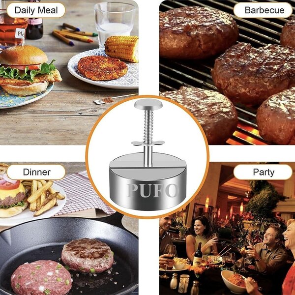 Presa cu maner Pufo pentru hamburger, chiftele, din otel inoxidabil, Ø 10 cm, argintiu