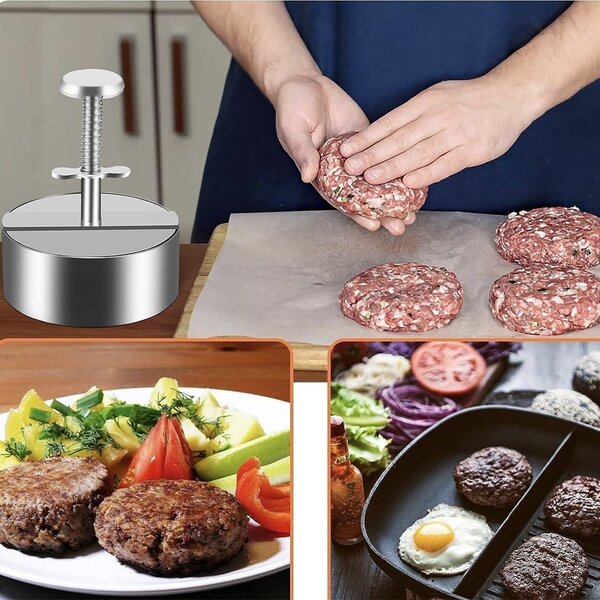 Presa cu maner Pufo pentru hamburger, chiftele, din otel inoxidabil, Ø 10 cm, argintiu