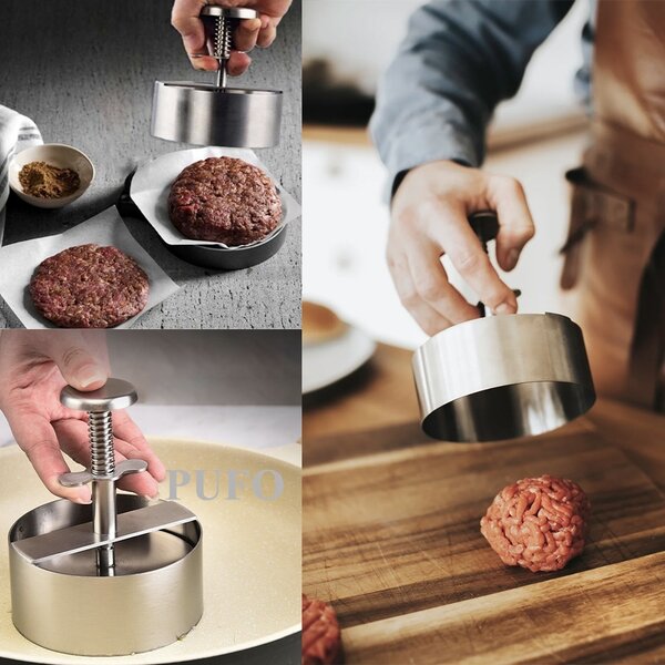 Presa cu maner Pufo pentru hamburger, chiftele, din otel inoxidabil, Ø 10 cm, argintiu